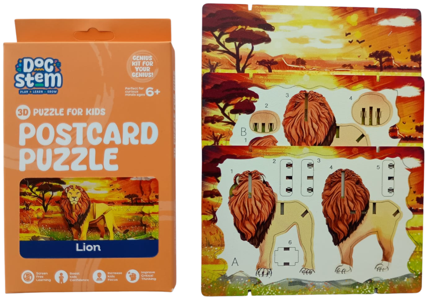 Lion - 3D Postcard Puzzle | STEM Education Kit | Wooden Puzzle Kit