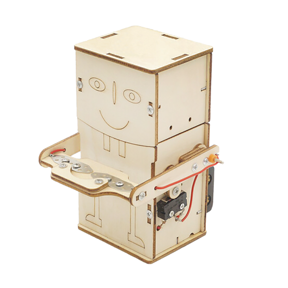 A wooden 3D puzzle assembled into a robot shape with a smiling face, designed to swallow coins.