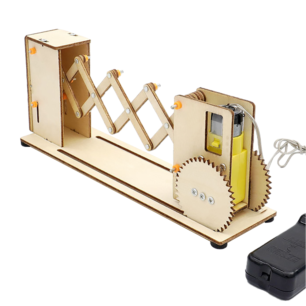 A wooden 3D puzzle model of an automatic gate, with mechanical parts and wiring visible.