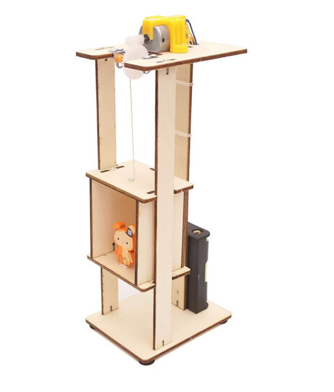 A wooden 3D puzzle model of an elevator, with various layers and mechanisms, partially assembled.